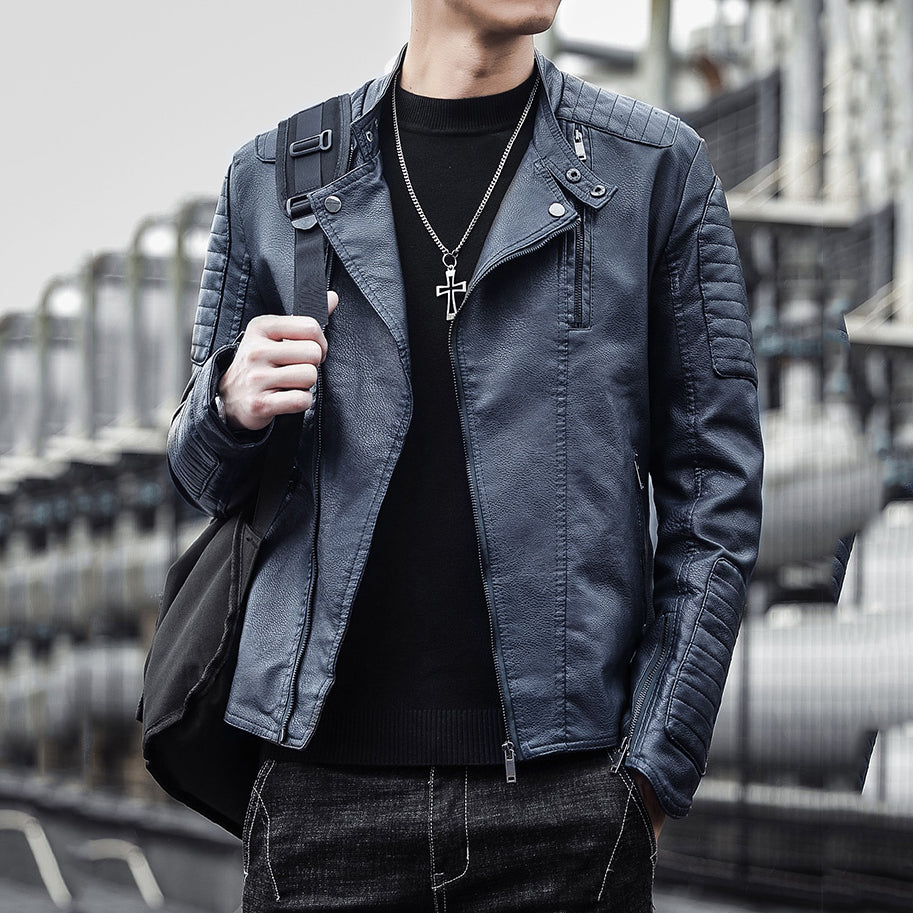 Chouyatou Men Zipper Stand-up Collar Artificial PU Leather Jacket