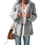 Chouyatou Women Lapel Solid Color Long Sleeve Plush Cardigan