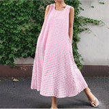 Chouyatou Women Casual Loose-Fit Cotton and Linen Plaid Tank Maxi Dress with Pockets