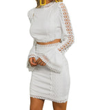 Chouyatou Women White Lace Flared Sleeve Top Skirt Set