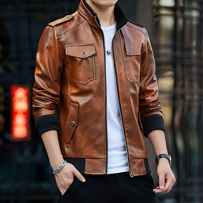 Chouyatou Men Slim Collar Jacket PU Leather Jacket