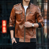 Chouyatou Men Slim Collar Jacket PU Leather Jacket