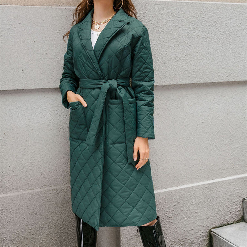 Chouyatou Women Long Over-the-Knee Rhombus Plaid Padded Jacket Fashion Coat