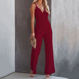Chouyatou Women  Spaghetti Straps V Neck Solid Color Lace Open Back Sexy Wide-Leg Jumpsuits
