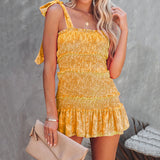 Chouyatou Women Floral Spaghetti Strap Square Neck Ruffle Tie Mini Smocked Dress