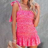 Chouyatou Women Floral Spaghetti Strap Square Neck Ruffle Tie Mini Smocked Dress