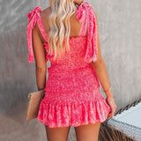 Chouyatou Women Floral Spaghetti Strap Square Neck Ruffle Tie Mini Smocked Dress
