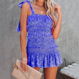 Chouyatou Women Floral Spaghetti Strap Square Neck Ruffle Tie Mini Smocked Dress