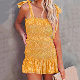 Chouyatou Women Floral Spaghetti Strap Square Neck Ruffle Tie Mini Smocked Dress