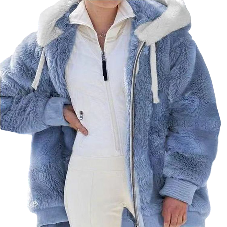 Chouyatou Women Autumn Winter Loose Plush Zip Hooded Jacket