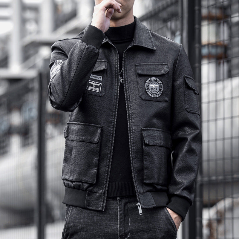 Chouyatou Men Trendy Lapel Casual Leather Jacket