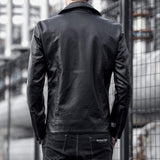 Chouyatou Men British Style Solid Color Lapel PU Leather Jacket