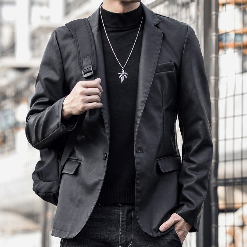 Chouyatou Men Simple British Style Suit Collar Motorcycle Leather Jacket