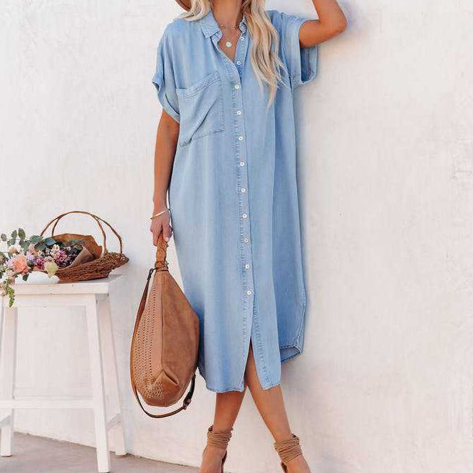 Chouyatou Women Casual Button Down Faux Denim Midi Shirt Dress Side Slit Short Sleeve Jean Dress with Pocket