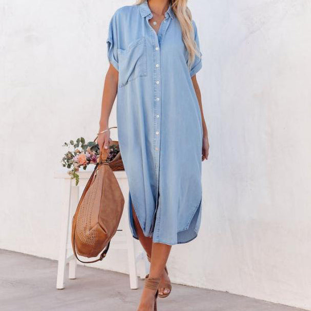 Chouyatou Women Casual Button Down Faux Denim Midi Shirt Dress Side Slit Short Sleeve Jean Dress with Pocket