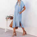 Chouyatou Women Casual Button Down Faux Denim Midi Shirt Dress Side Slit Short Sleeve Jean Dress with Pocket