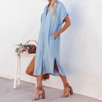 Chouyatou Women Casual Button Down Faux Denim Midi Shirt Dress Side Slit Short Sleeve Jean Dress with Pocket