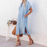 Chouyatou Women Solid Color Denim Short Sleeve Long Slit Shirt Dress