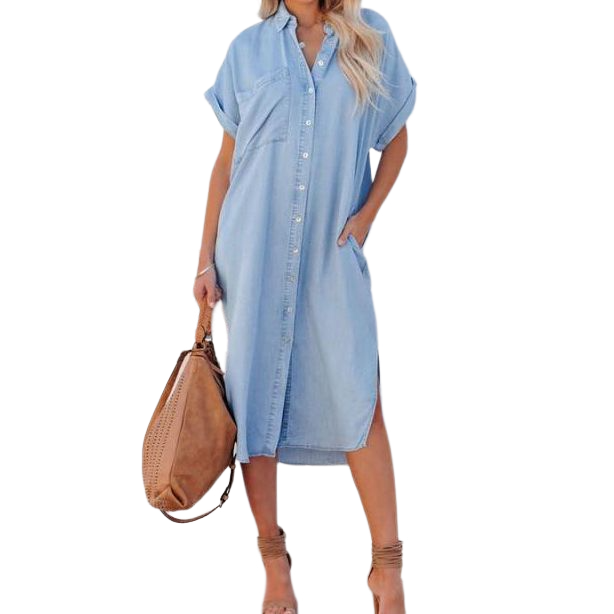 Chouyatou Women Casual Button Down Faux Denim Midi Shirt Dress Side Slit Short Sleeve Jean Dress with Pocket