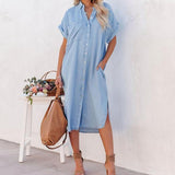 Chouyatou Women Solid Color Denim Short Sleeve Long Slit Shirt Dress