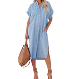 Chouyatou Women Solid Color Denim Short Sleeve Long Slit Shirt Dress