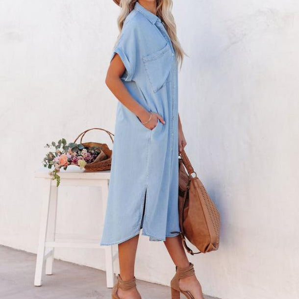 Chouyatou Women Casual Button Down Faux Denim Midi Shirt Dress Side Slit Short Sleeve Jean Dress with Pocket