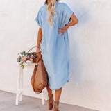 Chouyatou Women Solid Color Denim Short Sleeve Long Slit Shirt Dress