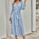 Chouyatou Women Casual Long Sleeve Tie Waist Print Dress