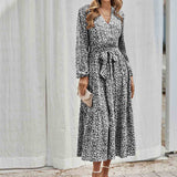 Chouyatou Women Casual Long Sleeve Tie Waist Print Dress
