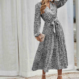 Chouyatou Women Casual Long Sleeve Tie Waist Print Dress