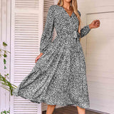 Chouyatou Women Casual Long Sleeve Tie Waist Print Dress