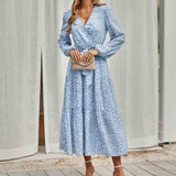 Chouyatou Women Casual Long Sleeve Tie Waist Print Dress