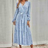 Chouyatou Women Casual Long Sleeve Tie Waist Print Dress