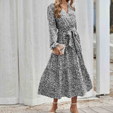 Chouyatou Women Casual Long Sleeve Tie Waist Print Dress