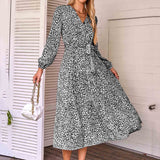 Chouyatou Women Casual Long Sleeve Tie Waist Print Dress