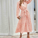 Chouyatou Women Casual Long Sleeve Tie Waist Print Dress