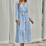 Chouyatou Women Casual Long Sleeve Tie Waist Print Dress