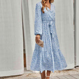 Chouyatou Women Casual Long Sleeve Tie Waist Print Dress