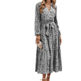 Chouyatou Women Casual Long Sleeve Tie Waist Print Dress