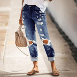 Chouyatou Women Shredded Straight Street Denim Trousers