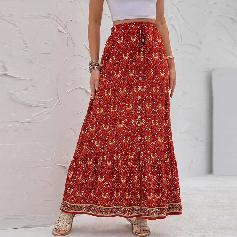 Chouyatou Women High Waist Printed Breasted Slit Skirt