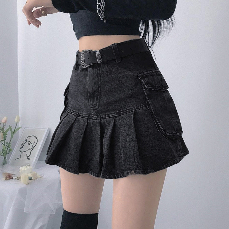 Chouyatou Women High Waist Denim Pocket A-Line Pleated Skirt