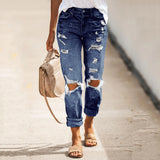 Chouyatou Women Shredded Straight Street Denim Trousers