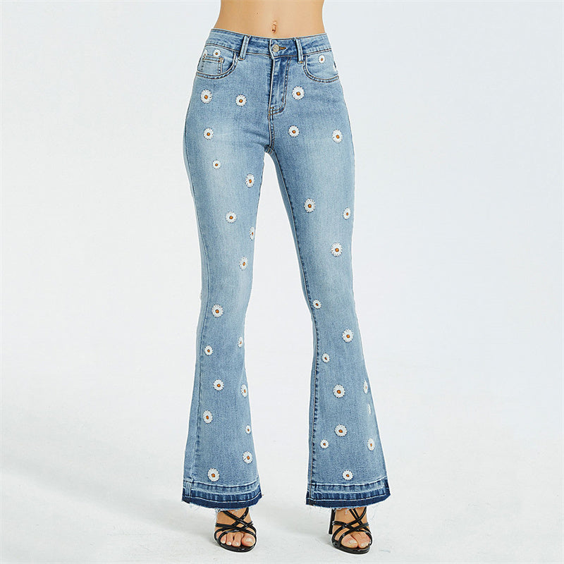 Chouyatou Women Embroidered Flared Daisy Jeans