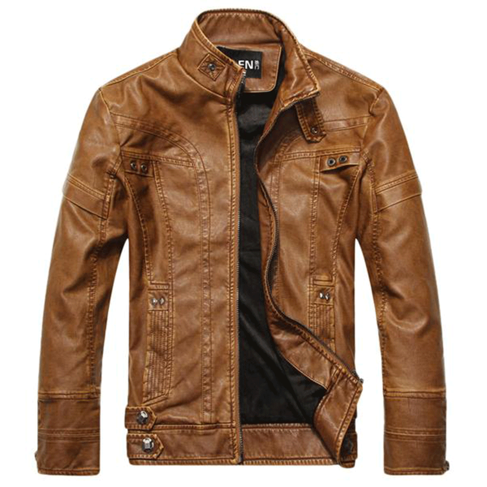 Chouyatou Men's Vintage Stand Collar Pu Leather Jacket 769 - CHOUYATOU