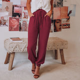 Chouyatou Women Solid Color Rayon Drawstring Elastic Waist Trousers