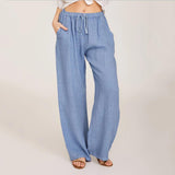 Chouyatou Women Solid Color Loose Cotton Linen Lace-Up Wide-Leg Pants
