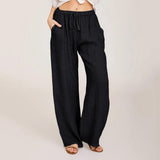 Chouyatou Women Solid Color Loose Cotton Linen Lace-Up Wide-Leg Pants