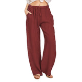 Chouyatou Women Solid Color Loose Cotton Linen Lace-Up Wide-Leg Pants