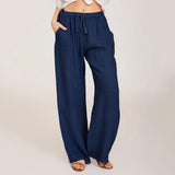 Chouyatou Women Solid Color Loose Cotton Linen Lace-Up Wide-Leg Pants